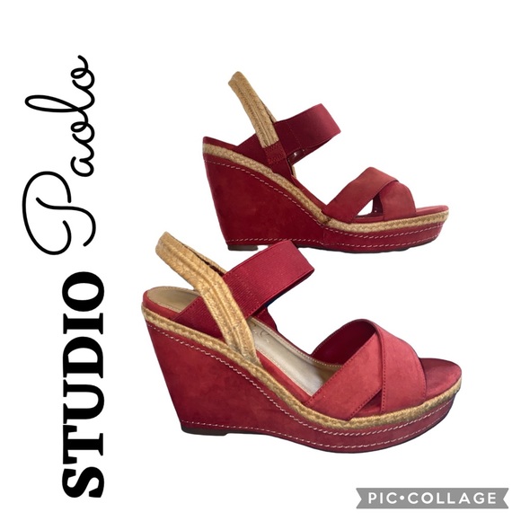 Studio Paolo Red Slingback Sandal Wedges - Picture 1 of 9